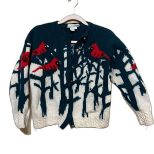 VTG Quissett Cove Small Cardigan Sweater Shetland Wool Cardinal Birds Cottage